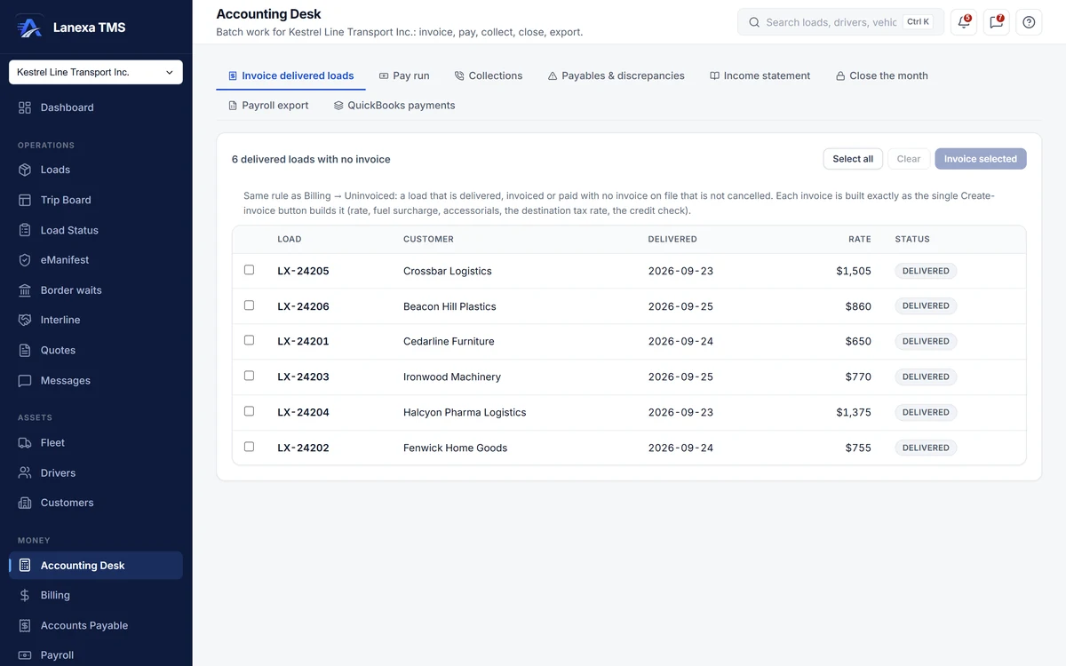 Accounting Desk: delivered loads with no invoice, ready to invoice in one batch (demo data)