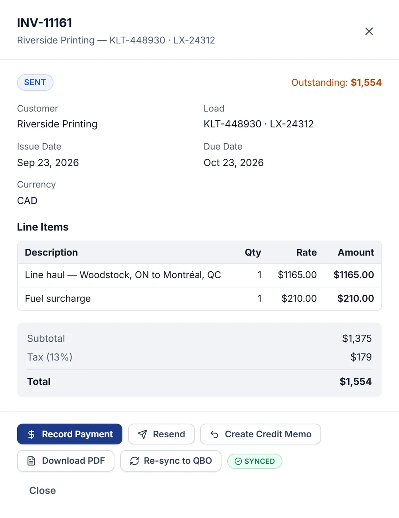 Invoice INV-11161 for Riverside Printing in Lanexa: line items, 13% tax, total $1,554, marked Synced to QuickBooks Online (demo data)