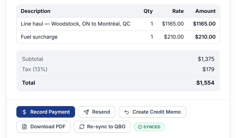 An invoice with its line items and total, marked Synced to QuickBooks Online (demo data)