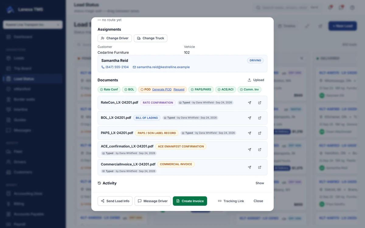 A delivered load's documents in Lanexa: rate con, BOL, PAPS, ACE and commercial invoice on file, the POD still missing with a Request link (demo data)