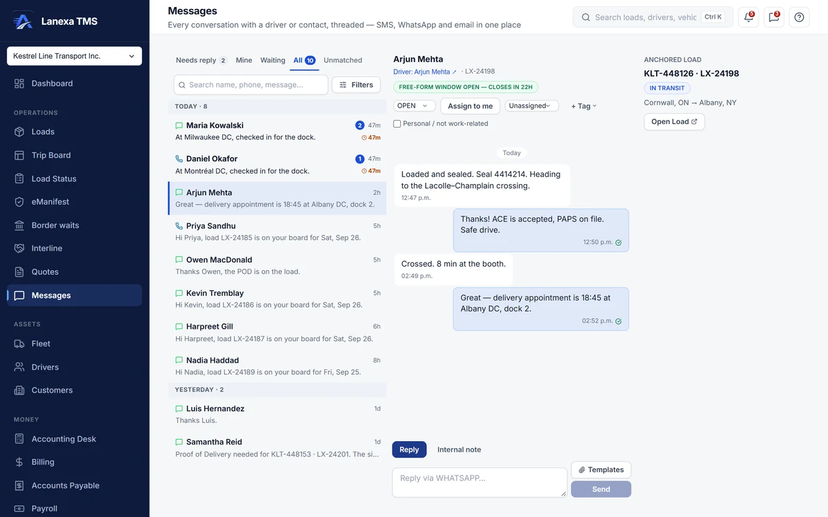 Messages inbox with a driver's WhatsApp thread open: loaded and sealed, crossed, and the delivery appointment (demo data)