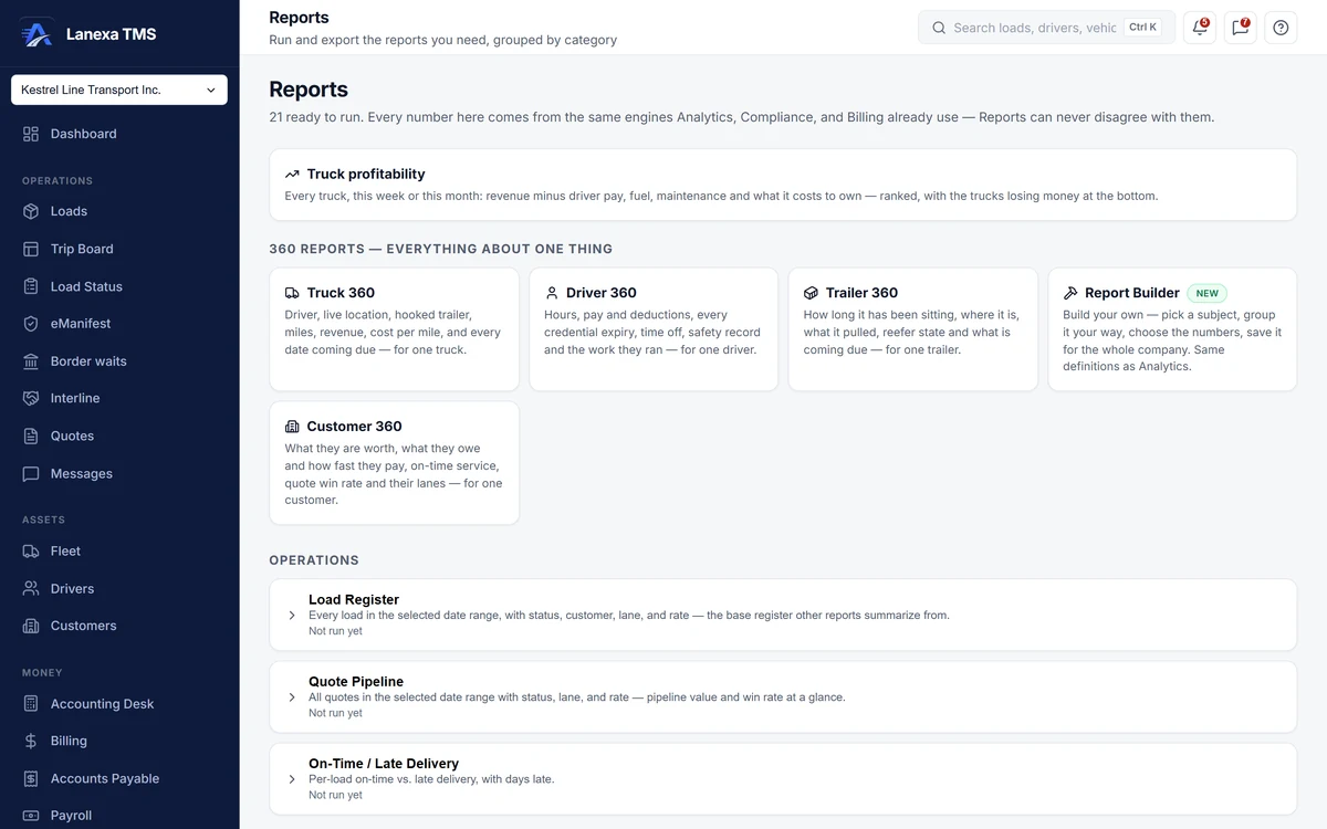 Reports library: truck profitability, the 360 reports and operations reports (demo data)