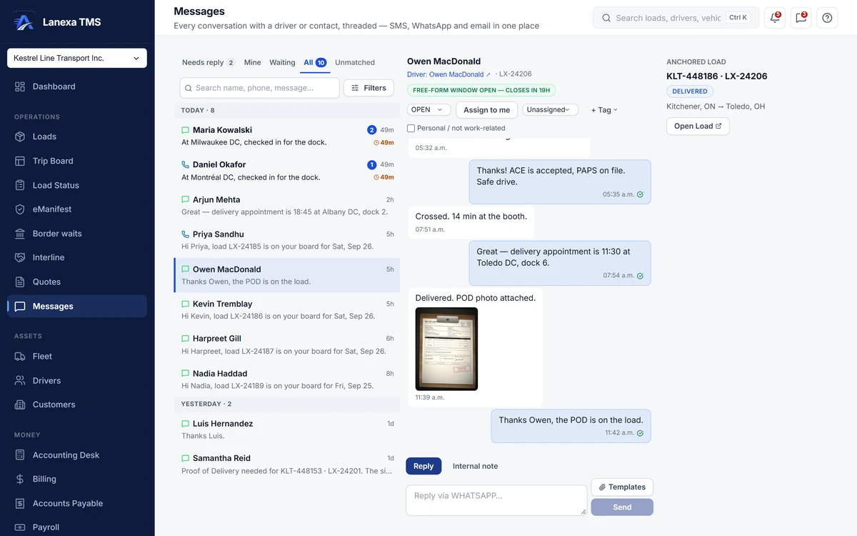 A driver's WhatsApp thread inside Lanexa, on the delivered load: seal number, border crossing, and the signed POD photo (demo data)